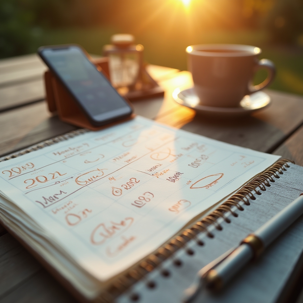 Kalender und Notizbuch zur Planung der kommenden Webinar-Termine auf einem Tisch im Freien